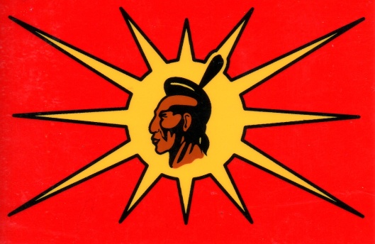 Bandeira da Sociedade dos Guerrilheiros Mohawk, que pode ser vista em Kahnawake e até sobre a ponte Mercier